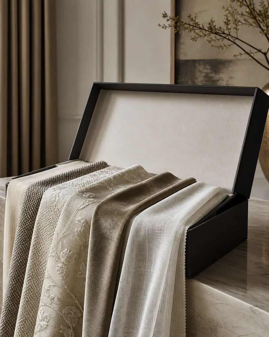 Fabric swatches draped from an Oro Decor swatch box
